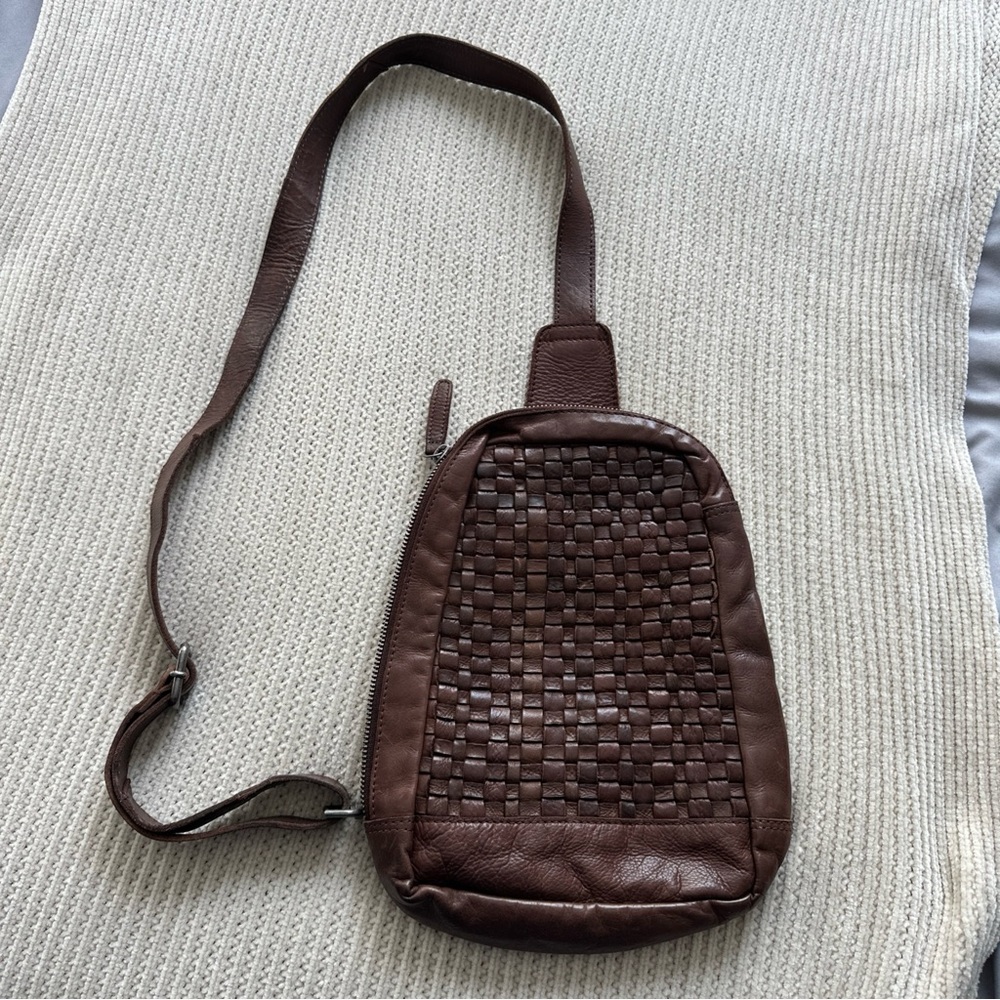 VILENCA HOLLAND Woven Leather Shoulder Sling Backpack Bag Brown Anthropologie